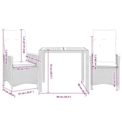 3-dijelni bistro set od poliratana s jastucima sivi - 90 x 90 x 75 cm pe rattan 2 Cijena