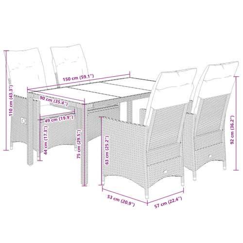 Vrtna garnitura - 5-dijelni vrtni blagovaonski set sivi od poliratana - 150 x 90 x 75 cm Bez naslona za noge 4 Cijena