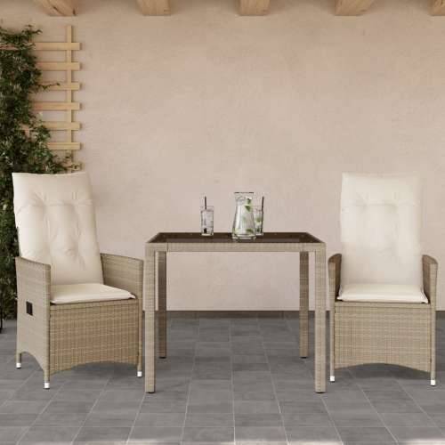 3-dijelni bistro set s jastucima bež od poliratana - 90 x 90 x 75 cm bez podignute noge 2 Cijena