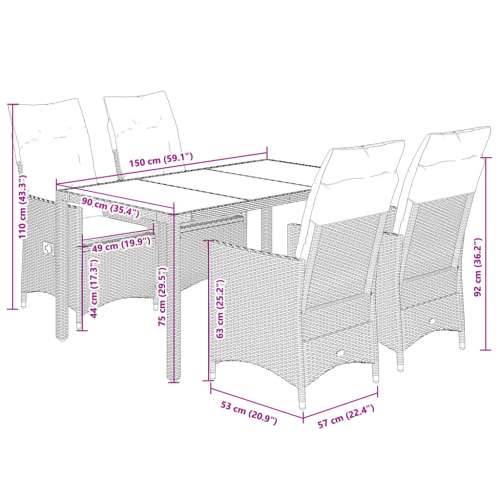 Vrtna garnitura - 5-dijelni vrtni blagovaonski set od poliratana s jastucima bež - 190 x 90 x 75 cm bez podignute noge 4 Cijena