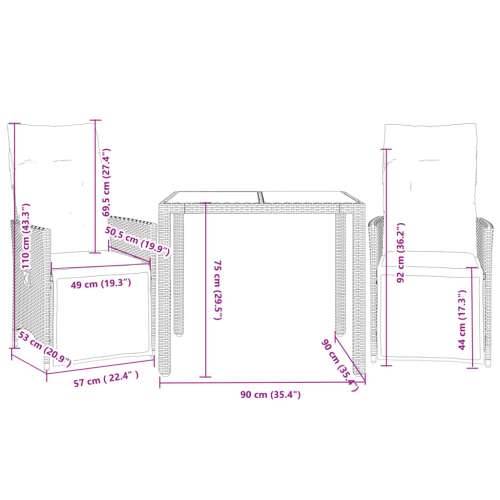 3-dijelni bistro set s jastucima crni od poliratana - 90 x 90 x 75 cm pe rattan 2 Cijena