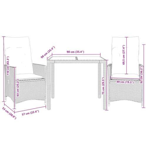 3-dijelni bistro set od poliratana s jastucima sivi - 90 x 90 x 75 cm Bez naslona za noge 2 Cijena
