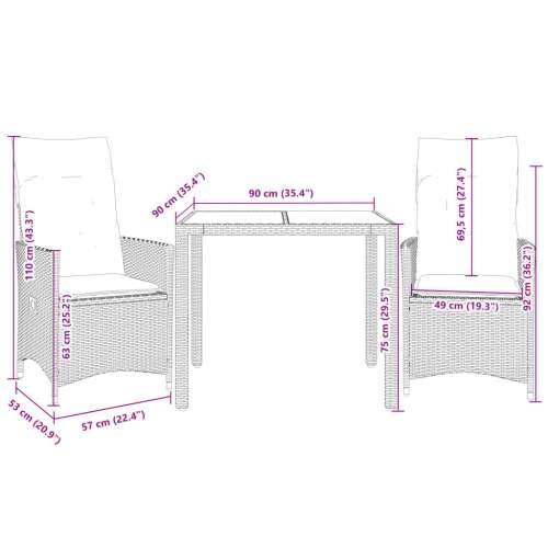 3-dijelni bistro set od poliratana s jastucima sivi - 90 x 90 x 75 cm Bez naslona za noge 2 Cijena