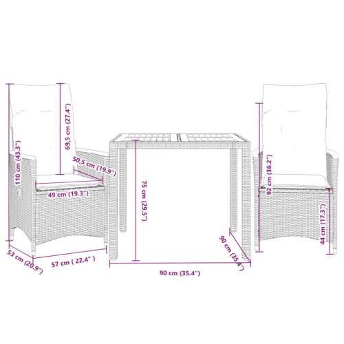 3-dijelni bistro set s jastucima crni od poliratana - 90 x 90 x 75 cm pe rattan 2 Cijena