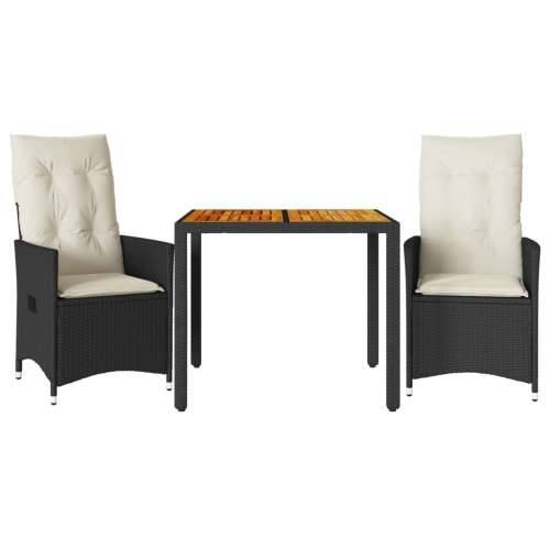 3-dijelni bistro set s jastucima poliratan i bagrema crni - 90 x 90 x 75 cm Bez naslona za noge 2 Cijena