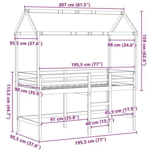 Krevet na kat s ljestvama i krovom bijeli 90x190 cm od borovine - Bijela 90 x 190 cm Cijena