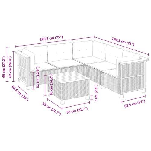 Vrtna garnitura - 6-dijelni set vrtnih sofa s jastucima crni od poliratana - Crna Sa stolom Puno tkanje 1 Cijena