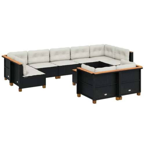 Vrtna garnitura - 10-dijelni set vrtnih sofa s jastucima crni od poliratana - Crna Sa stolom Puno tkanje 1 Cijena