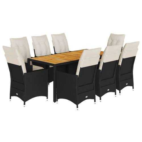 Vrtna garnitura - 9-dijelni vrtni blagovaonski set s jastucima crni od poliratana - 190 x 90 x 75 cm Bez naslona za noge 8 Cijena