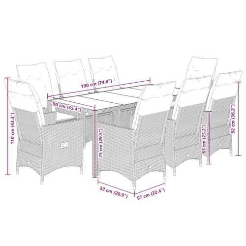 Vrtna garnitura - 9-dijelni vrtni blagovaonski set s jastucima crni od poliratana - 190 x 90 x 75 cm Bez naslona za noge 8 Cijena
