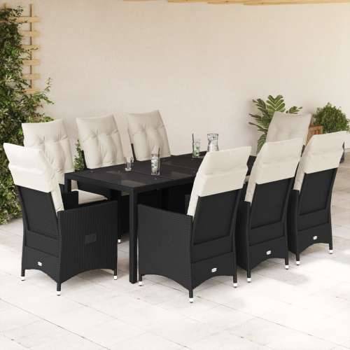 Vrtna garnitura - 9-dijelni vrtni blagovaonski set s jastucima crni od poliratana - 190 x 90 x 75 cm s podignutom nogom 8 Cijena