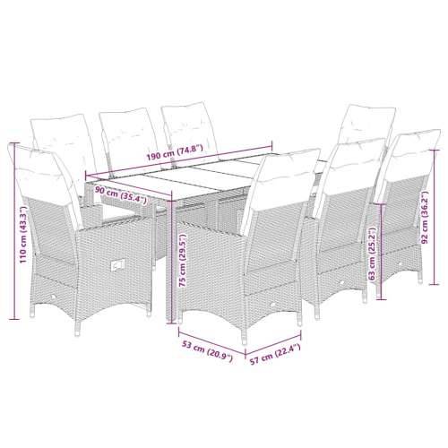 Vrtna garnitura - 9-dijelni vrtni blagovaonski set s jastucima crni od poliratana - 190 x 90 x 75 cm s podignutom nogom 8 Cijena