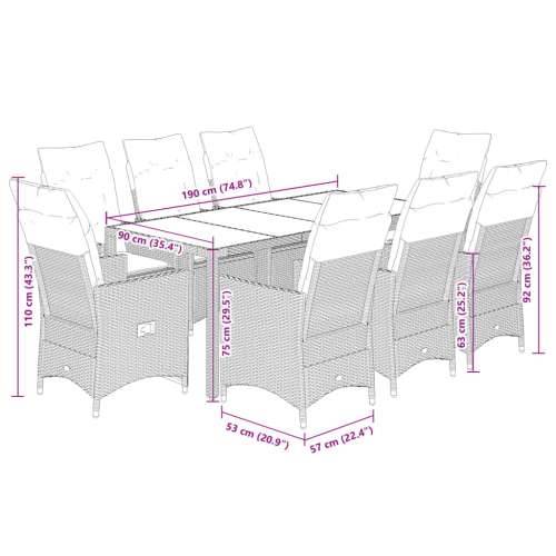 Vrtna garnitura - 9-dijelni vrtni blagovaonski set sivi od poliratana - 190 x 90 x 75 cm Sa naslonom za noge 8 Cijena