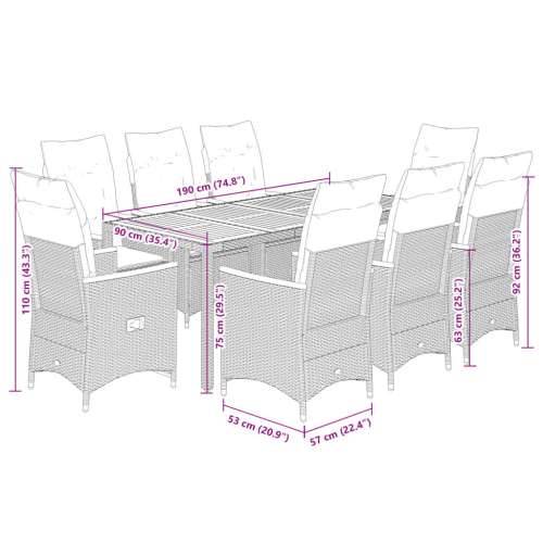 Vrtna garnitura - 9-dijelni vrtni blagovaonski set s jastucima crni od poliratana - 190 x 90 x 75 cm pe rattan 8 Cijena
