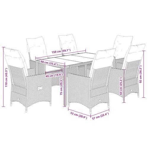 Vrtna garnitura - 7-dijelni vrtni blagovaonski set s jastucima crni od poliratana - 150 x 90 x 75 cm Bez naslona za noge 6 Cijena