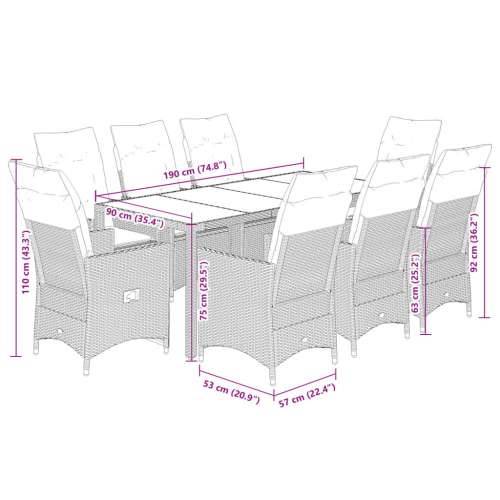 Vrtna garnitura - 9-dijelni vrtni blagovaonski set sivi od poliratana - 190 x 90 x 75 cm Sa naslonom za noge 8 Cijena
