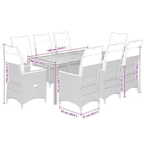 Vrtna garnitura - 9-dijelni vrtni blagovaonski set s jastucima crni od poliratana - 190 x 90 x 75 cm pe rattan and wood 8 Cijena