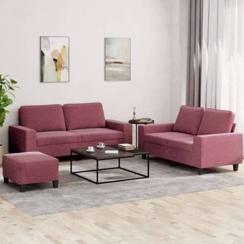 3-dijelni set sofa crvena boja vina od tkanine - boja crnog vina s jastučićima i tabureom Cijena