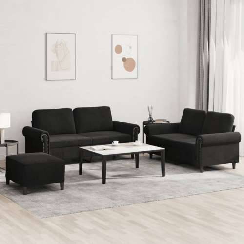 3-dijelni set sofa s jastucima crni baršunasti - Crna S osloncem za noge Cijena