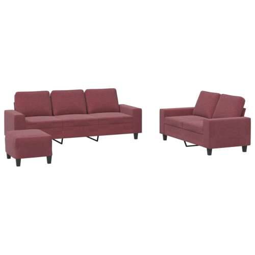 3-dijelni set sofa crvena boja vina od tkanine - boja crnog vina s jastučićima i tabureom Cijena