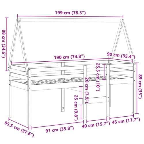 Visoki krevet s krovom 90 x 190 cm od masivne borovine - Prirodna 90 x 190 cm Cijena