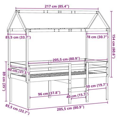 Visoki krevet s krovom 80 x 200 cm od masivne borovine - Prirodna 80 x 200 cm Cijena