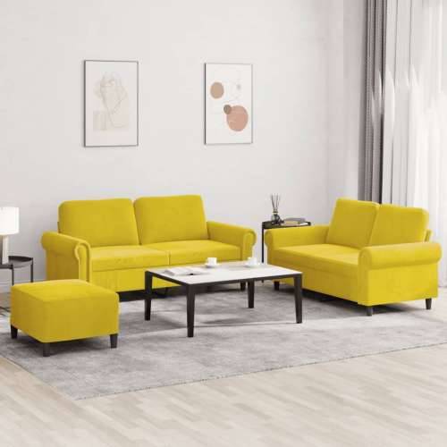 3-dijelni set sofa s jastucima žuti baršunasti - Žuta S osloncem za noge Cijena