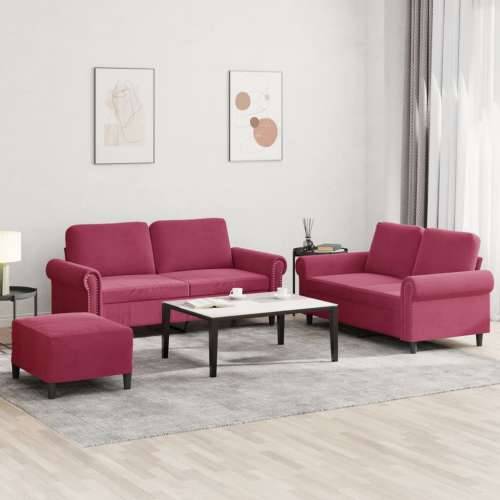 3-dijelni set sofa s jastucima crvena boja vina baršunasti - boja crnog vina S osloncem za noge Cijena