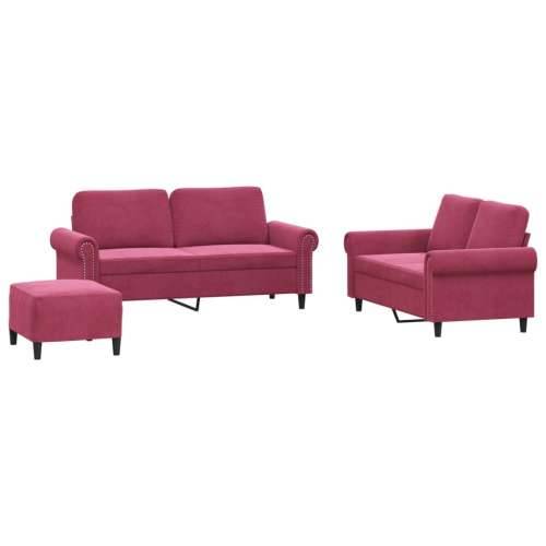 3-dijelni set sofa s jastucima crvena boja vina baršunasti - boja crnog vina S osloncem za noge Cijena