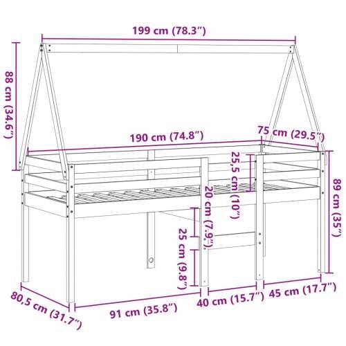 Visoki krevet s krovom 75 x 190 cm od masivne borovine - Prirodna 75 x 190 cm Cijena