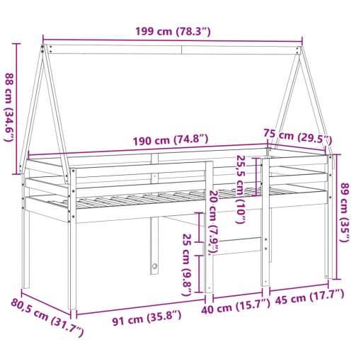 Visoki krevet s krovom voštano smeđi 75x190 cm masivna borovina - Voštano smeđa 75 x 190 cm Cijena