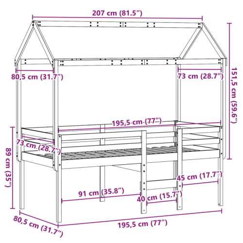 Visoki krevet s krovom 75 x 190 cm od masivne borovine Prirodna 75 x 190 cm Cijena