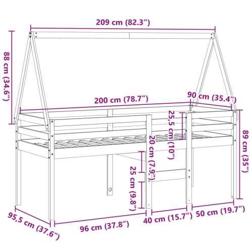 Visoki krevet s krovom 80 x 200 cm od masivne borovine - Prirodna 80 x 200 cm Cijena