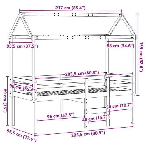 Visoki krevet s krovom bijeli 90 x 200 cm od masivne borovine - Bijela 90 x 200 cm Cijena