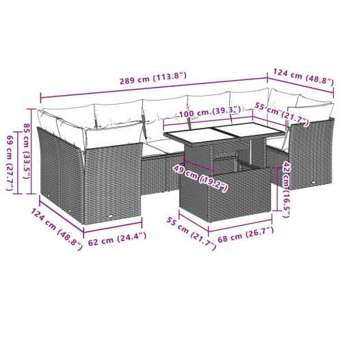 Vrtna garnitura - 8-dijelni set vrtnih sofa od poliratana s jastucima sivi - Siva bez spremišta 7 Cijena