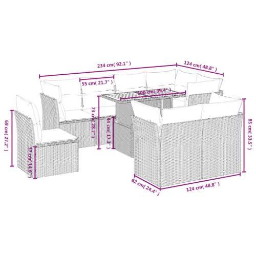Vrtna garnitura - 9-dijelni set vrtnih sofa s jastucima bež od poliratana - bež i svjetlosiva 5x kutna + 3x srednja + stol 1 Cijena