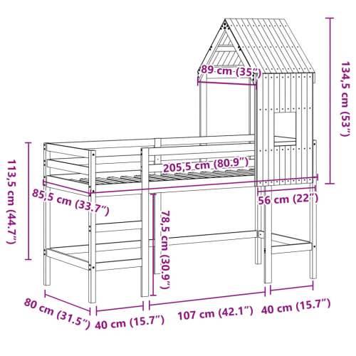 Krevet na kat s ljestvama i krovom 80x200 cm od borovine - Prirodna 80 x 200 cm Cijena