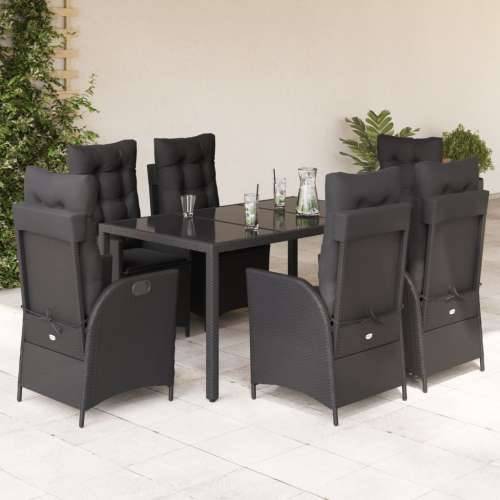 Vrtna garnitura - 7-dijelni vrtni blagovaonski set s jastucima crni od poliratana - Crna 150 x 90 x 75 cm Sa naslonom za noge 6 Cijena