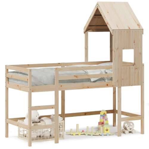 Krevet na kat s ljestvama i krovom 90x200 cm od borovine - Prirodna 90 x 200 cm Cijena