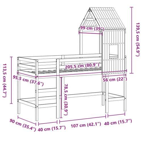 Krevet na kat s ljestvama i krovom 90x200 cm od borovine - Prirodna 90 x 200 cm Cijena