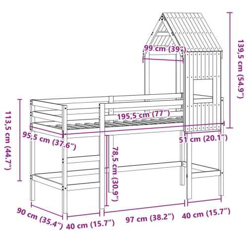 Krevet na kat s ljestvama i krovom 90x190 cm od borovine - Prirodna 90 x 190 cm Cijena
