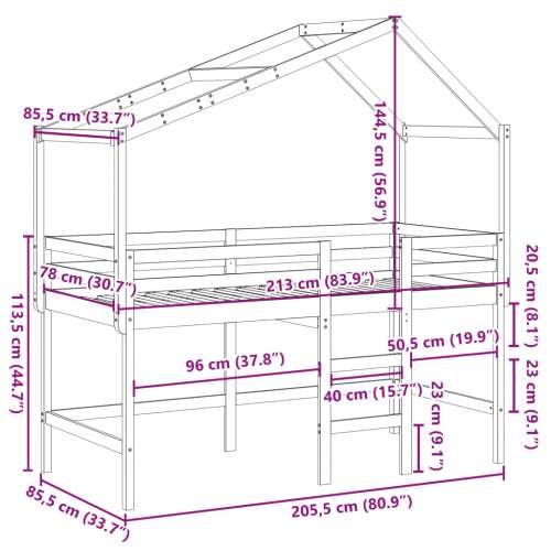 Krevet na kat s ljestvama i krovom 80x200 cm od borovine - Prirodna 80 x 200 cm Cijena