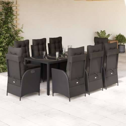 Vrtna garnitura - 9-dijelni vrtni blagovaonski set s jastucima crni od poliratana - Crna 190 x 90 x 75 cm Bez naslona za noge 8 Cijena