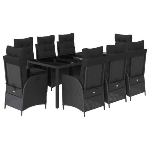 Vrtna garnitura - 9-dijelni vrtni blagovaonski set s jastucima crni od poliratana - Crna 190 x 90 x 75 cm Bez naslona za noge 8 Cijena