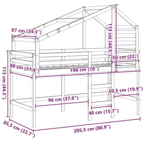 Krevet na kat s ljestvama i krovom bijeli 80x200 cm od borovine - Bijela 80 x 200 cm Cijena