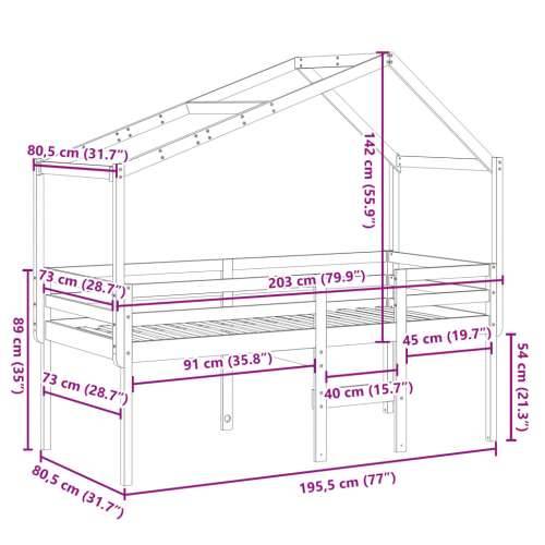 Visoki krevet s krovom bijeli 75 x 190 cm od masivne borovine - Bijela 75 x 190 cm Cijena