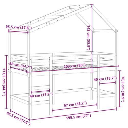 Krevet na kat s ljestvama i krovom 90x190 cm od borovine - Prirodna 90 x 190 cm Cijena