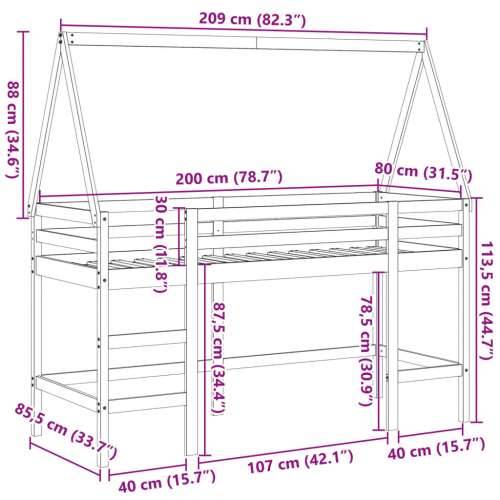 Krevet na kat s ljestvama i krovom 80x200 cm od borovine - Prirodna 80 x 200 cm Cijena