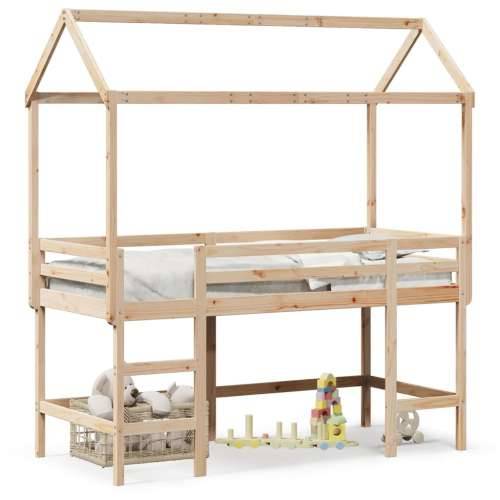 Krevet na kat s ljestvama i krovom 90x200 cm od borovine - Prirodna 90 x 200 cm Cijena