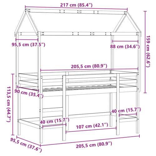 Krevet na kat s ljestvama i krovom 90x200 cm od borovine - Prirodna 90 x 200 cm Cijena